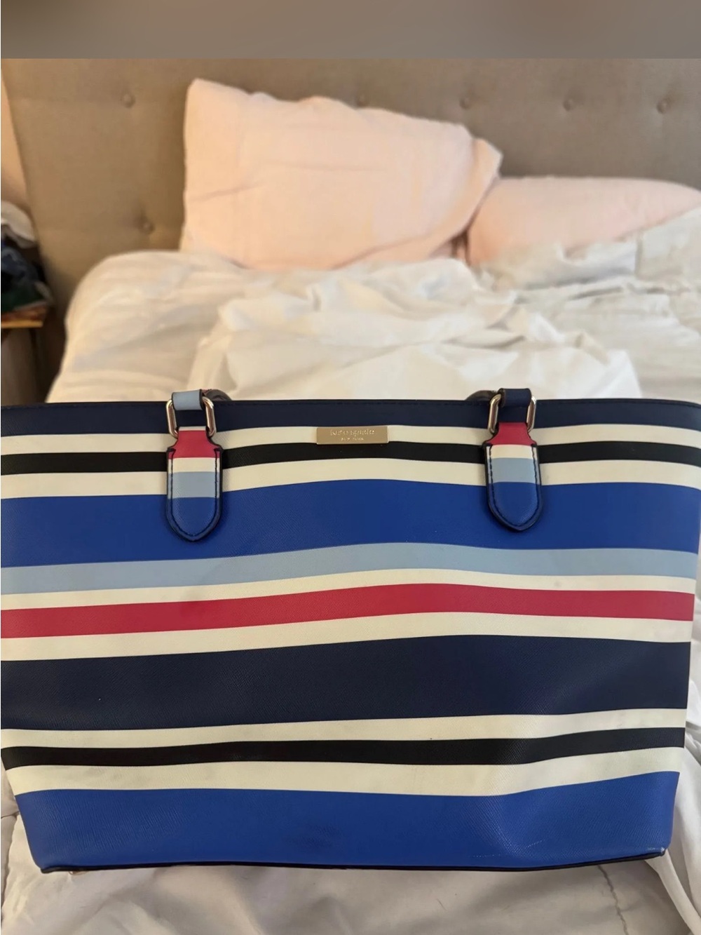 Striped Blue Tote Bag with Red Accent - Designer Style Kate Spade